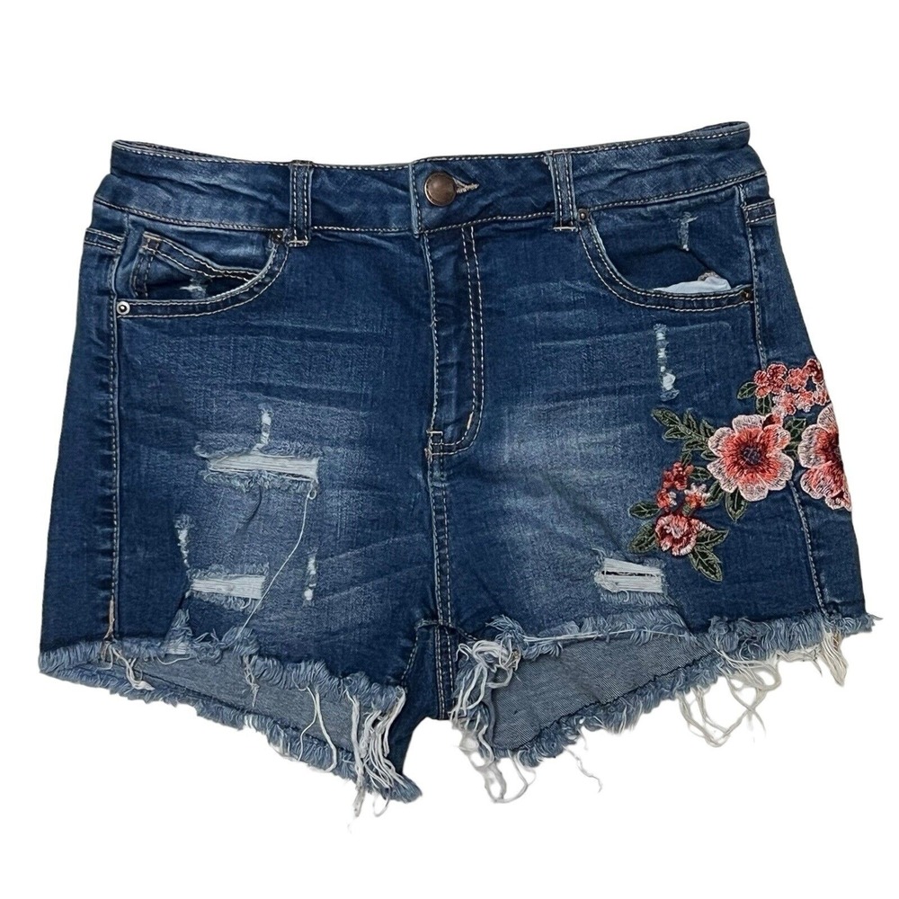 Wax Jean Dark Blue Distressed Denim Shorts with Pink Floral Embroidery